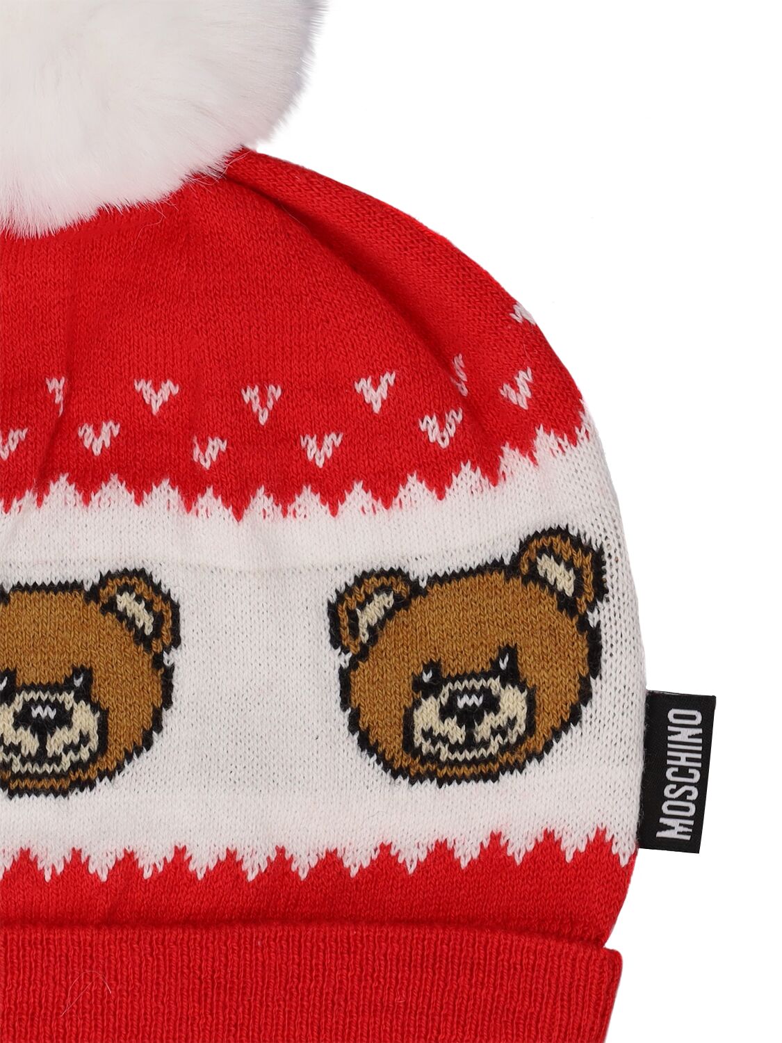 Shop Moschino Wool & Cotton Jacquard Beanie W/pompom In Red