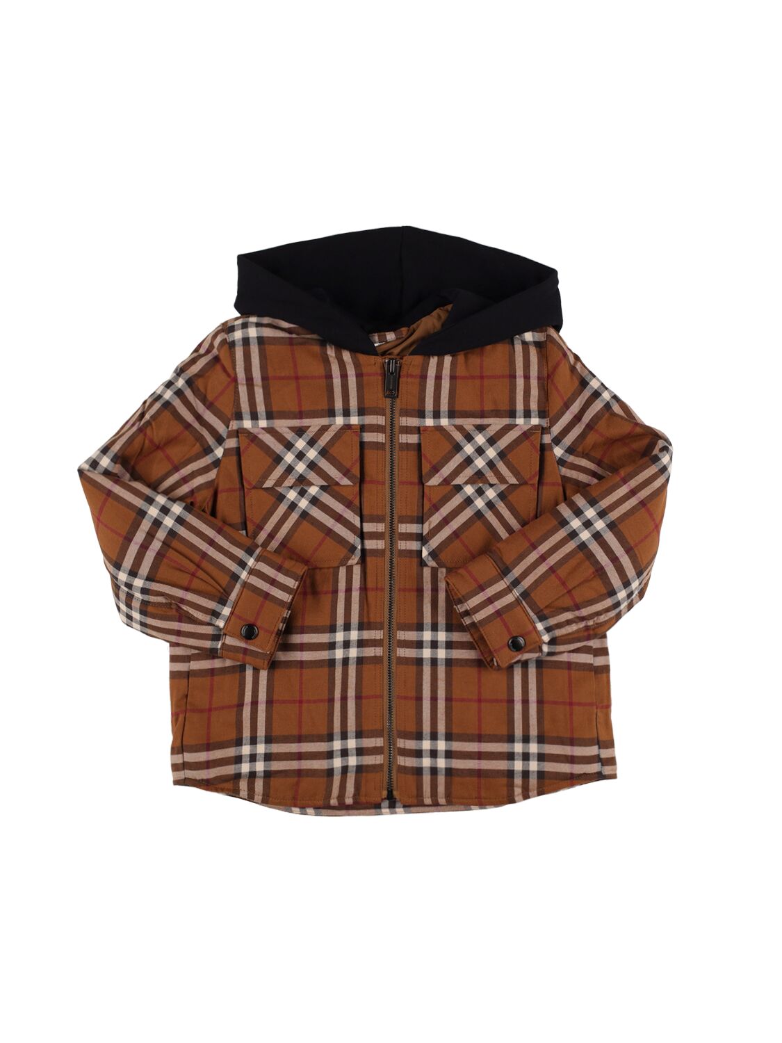 Image of Check Print Cotton Hooded Jacket