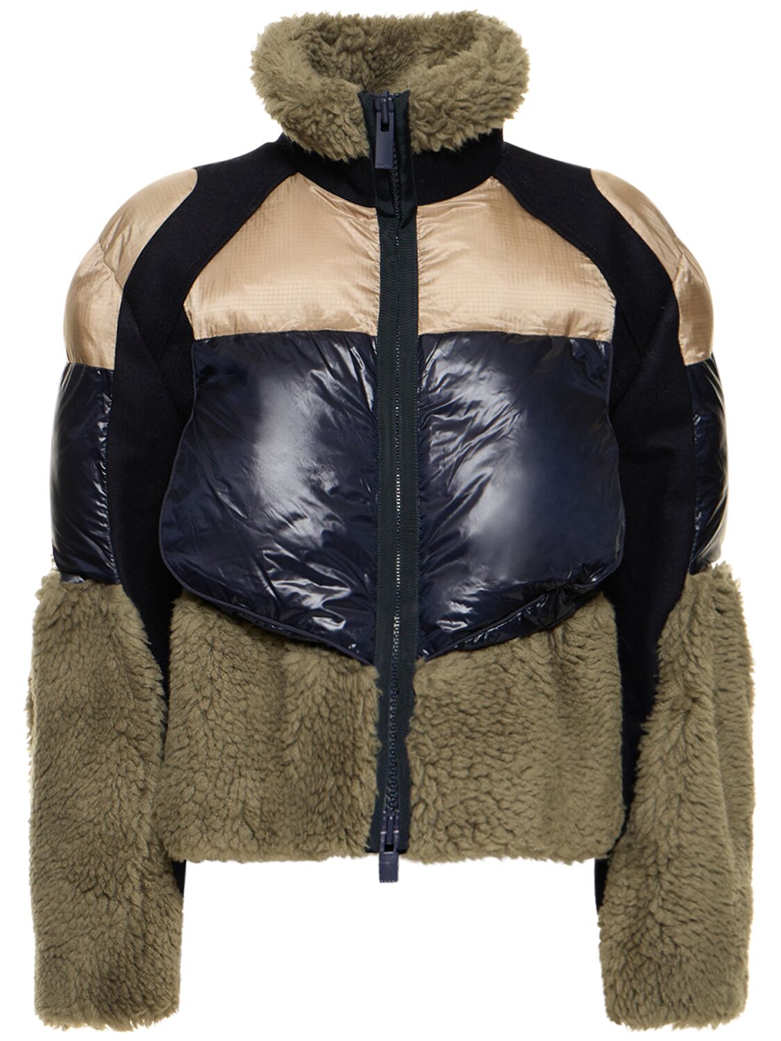 Sacai Faux Shearling Knit Blouson In Navy,khaki | ModeSens