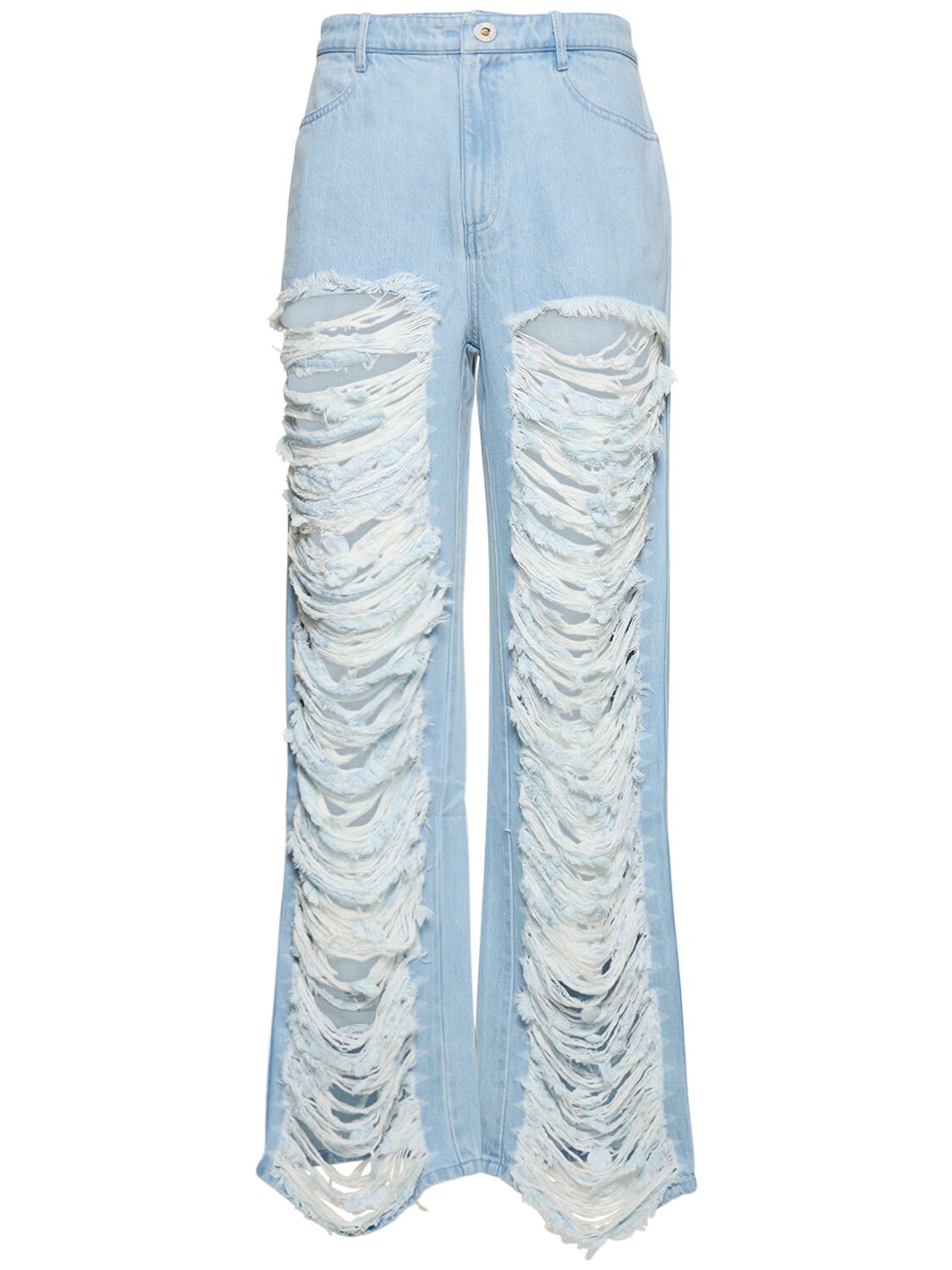 Image of Distressed Cotton Denim Wide Jeans