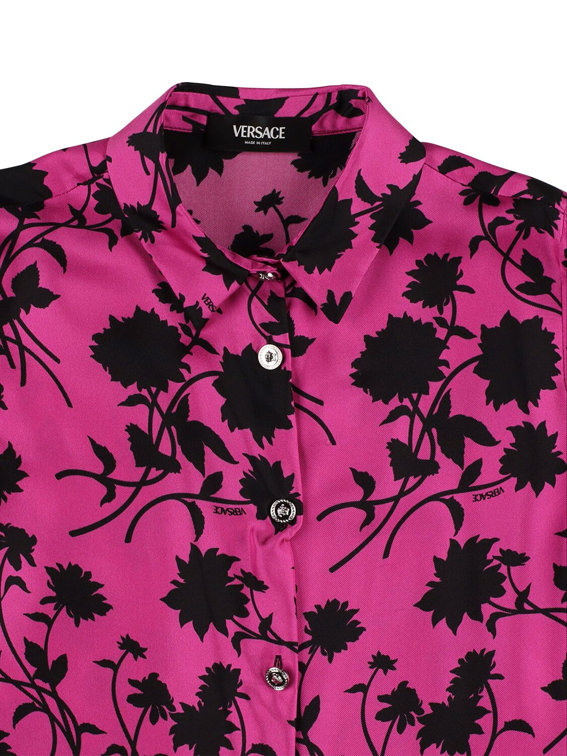Shop Versace Printed Silk Twill Shirt In Fuchsia,black