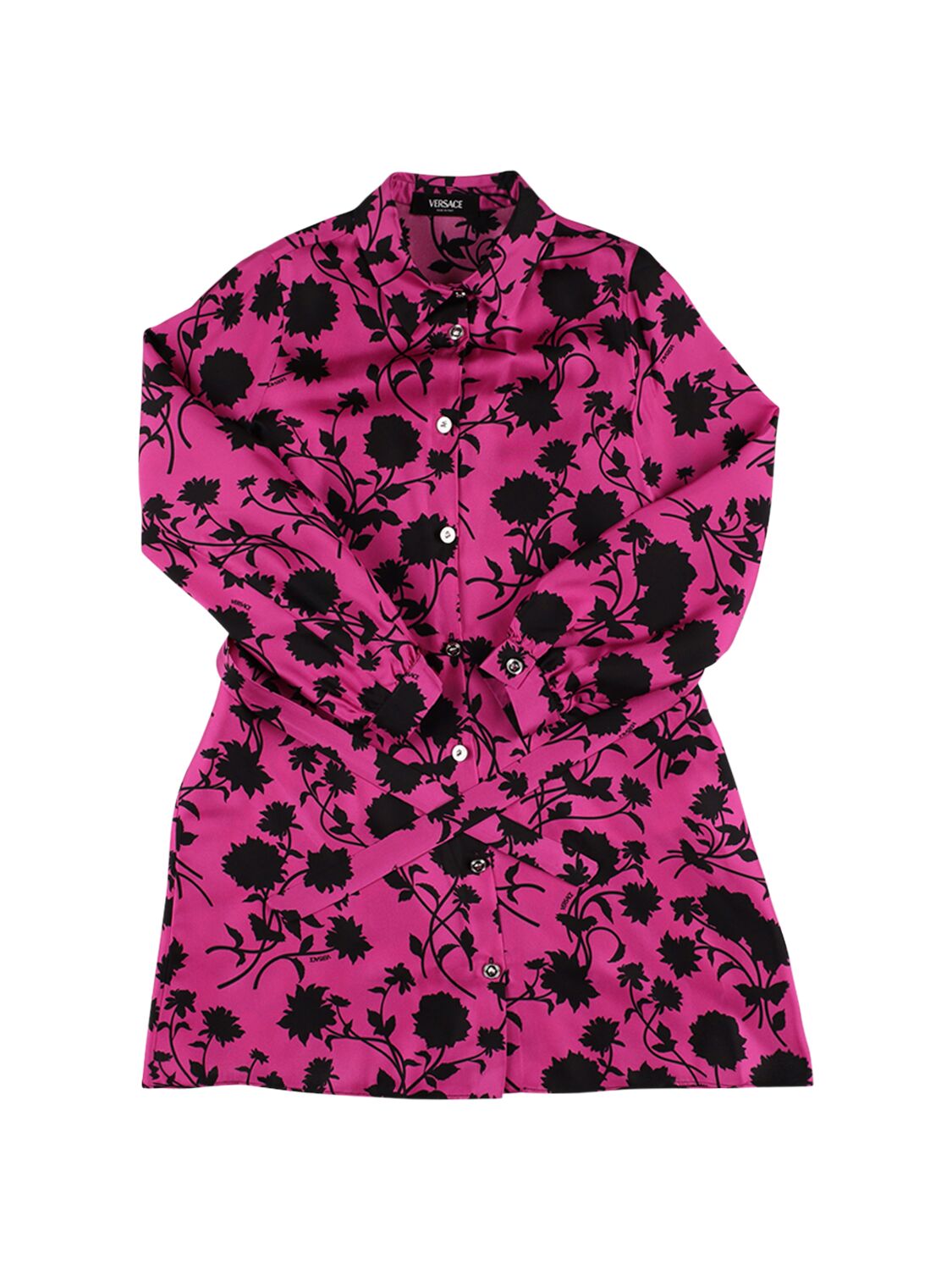 Versace Kids' Printed Silk Twill Shirt Dress In Fuchsia,black