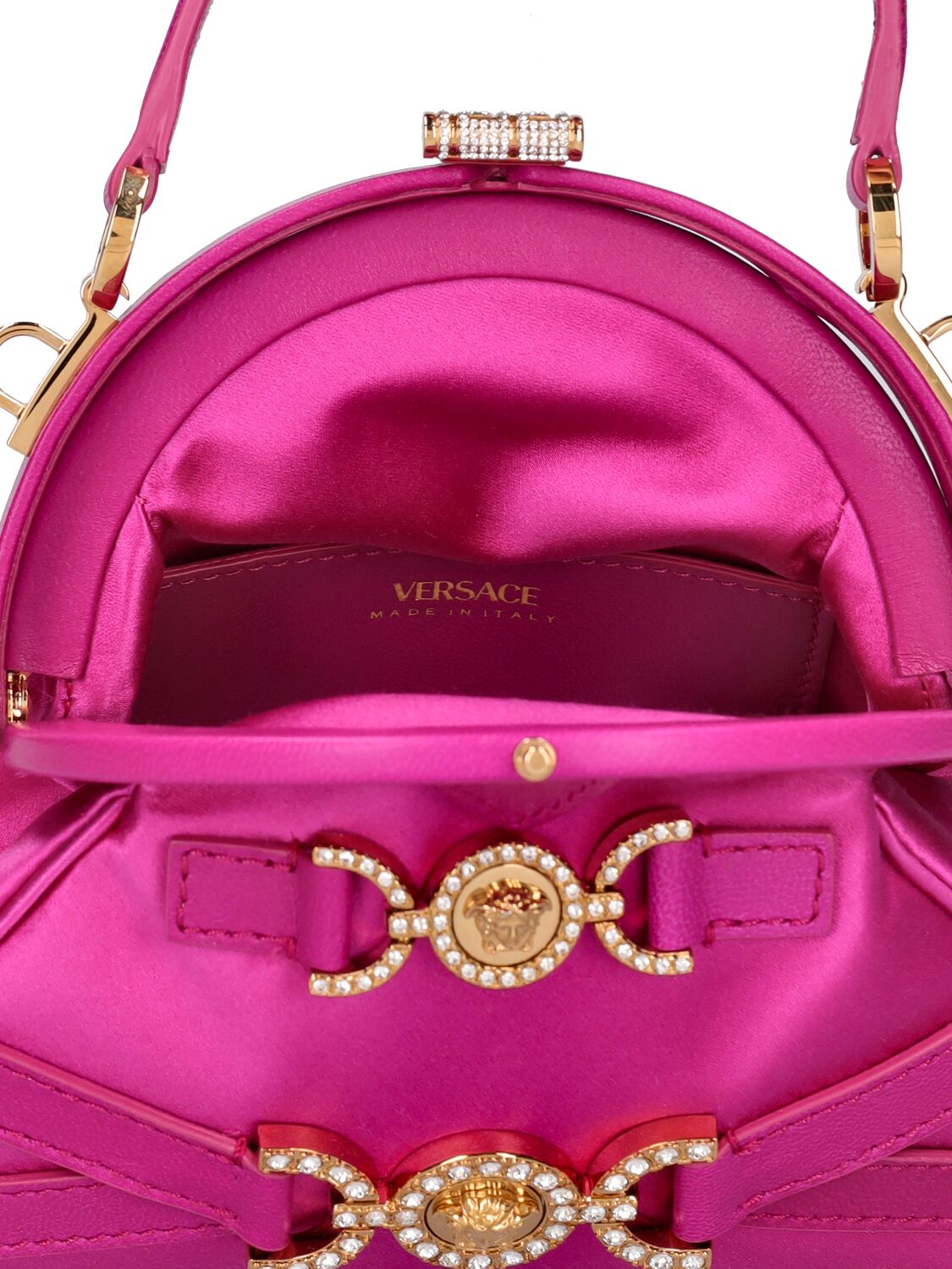 Shop Versace Small Satin Top Handle Bag In Warterlil