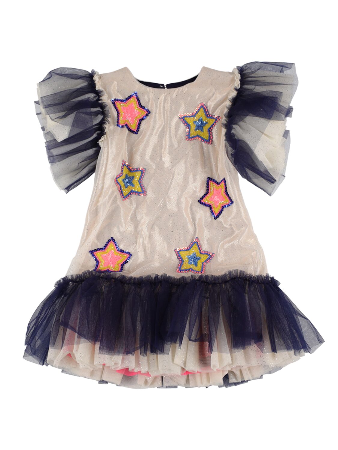 Billieblush Kids' Sequined Party Dress W/ Tulle Inserts In Off White,navy
