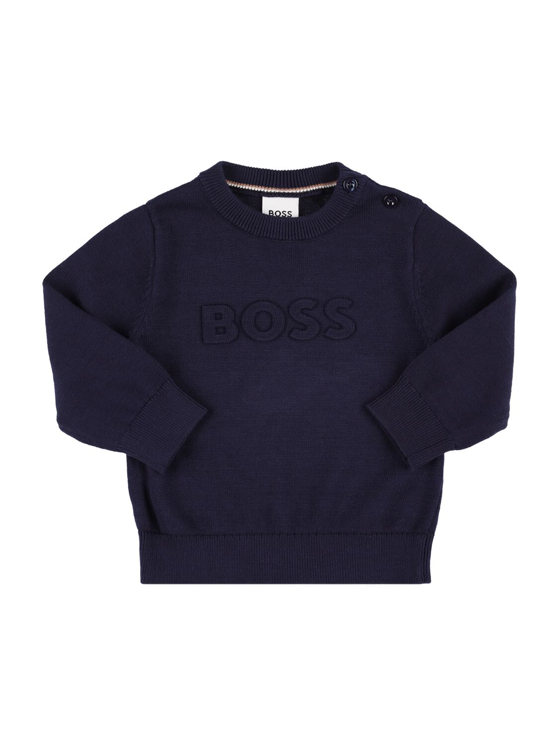 Hugo Boss Kids' Embossed Logo Cotton Knit Sweater In Navy