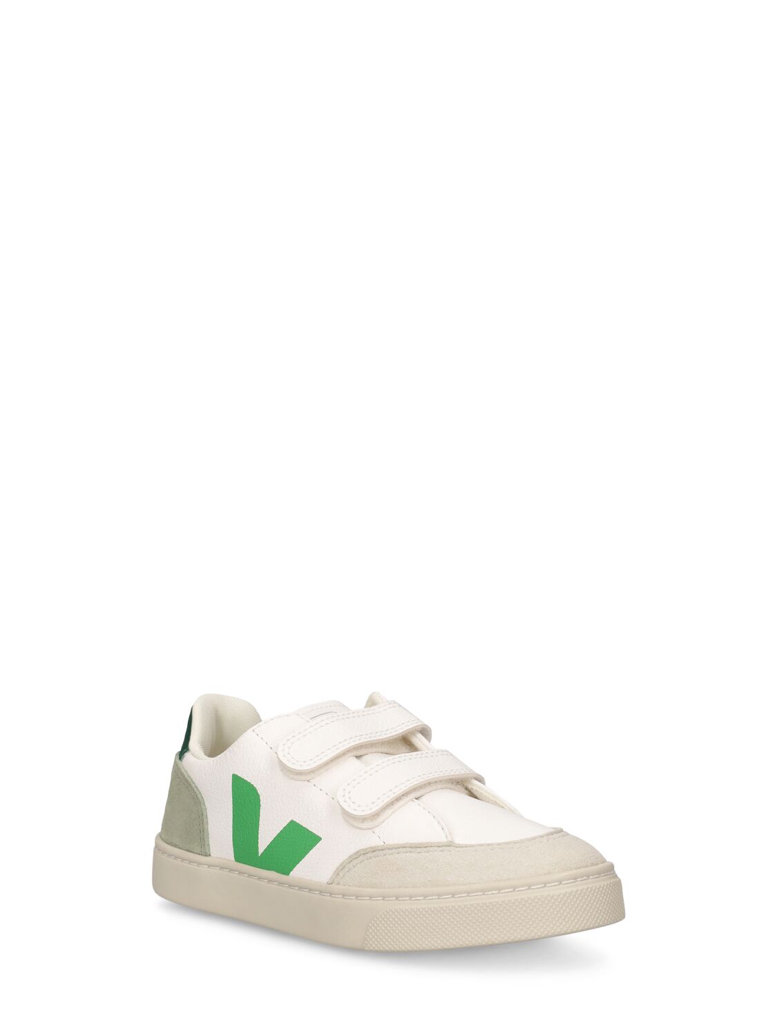 Shop Veja V-12 Chrome-free Leather Strap Sneakers In White,gold