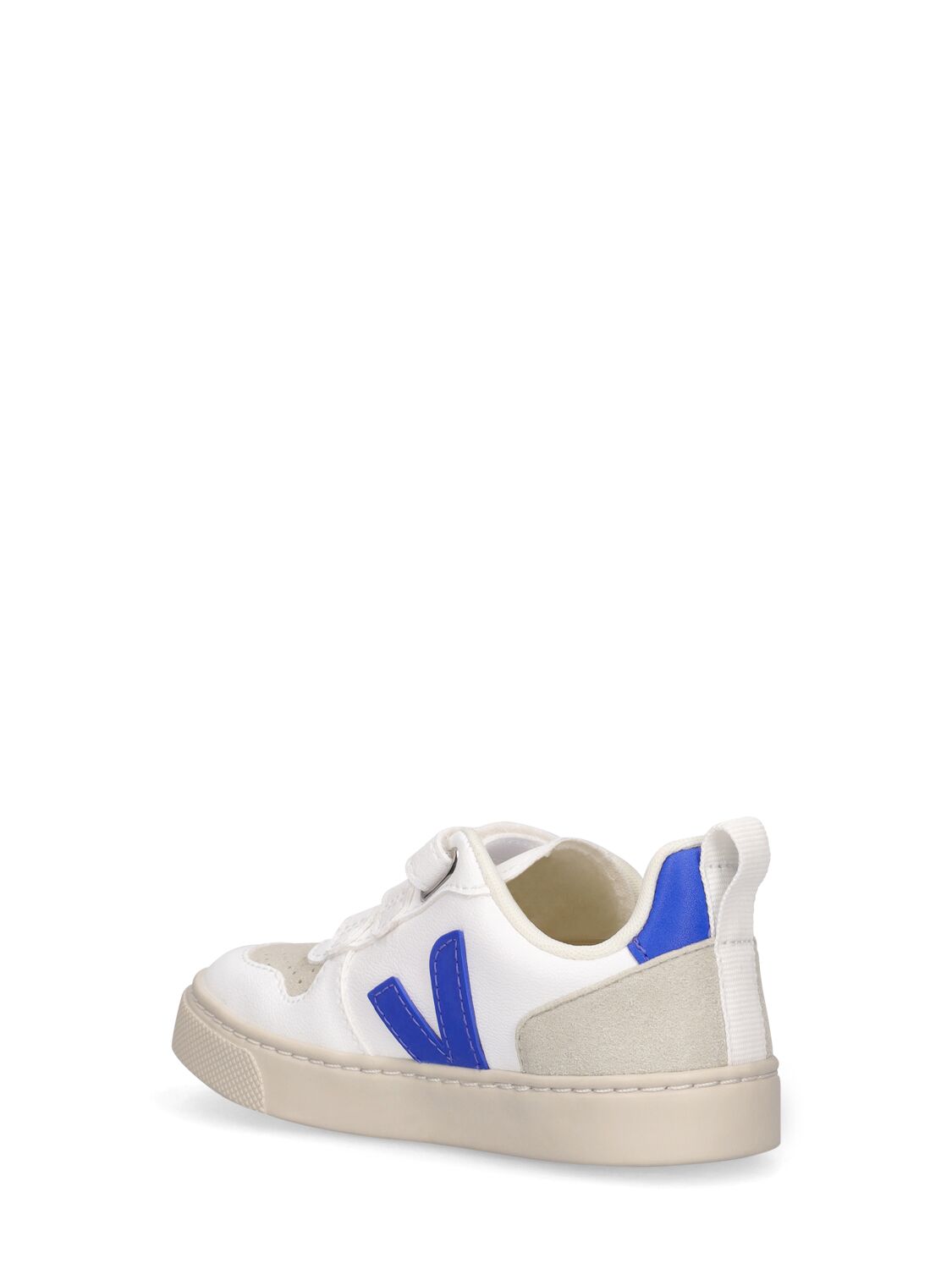Shop Veja V-10 Chrome-free Leather Strap Sneakers In White,blue