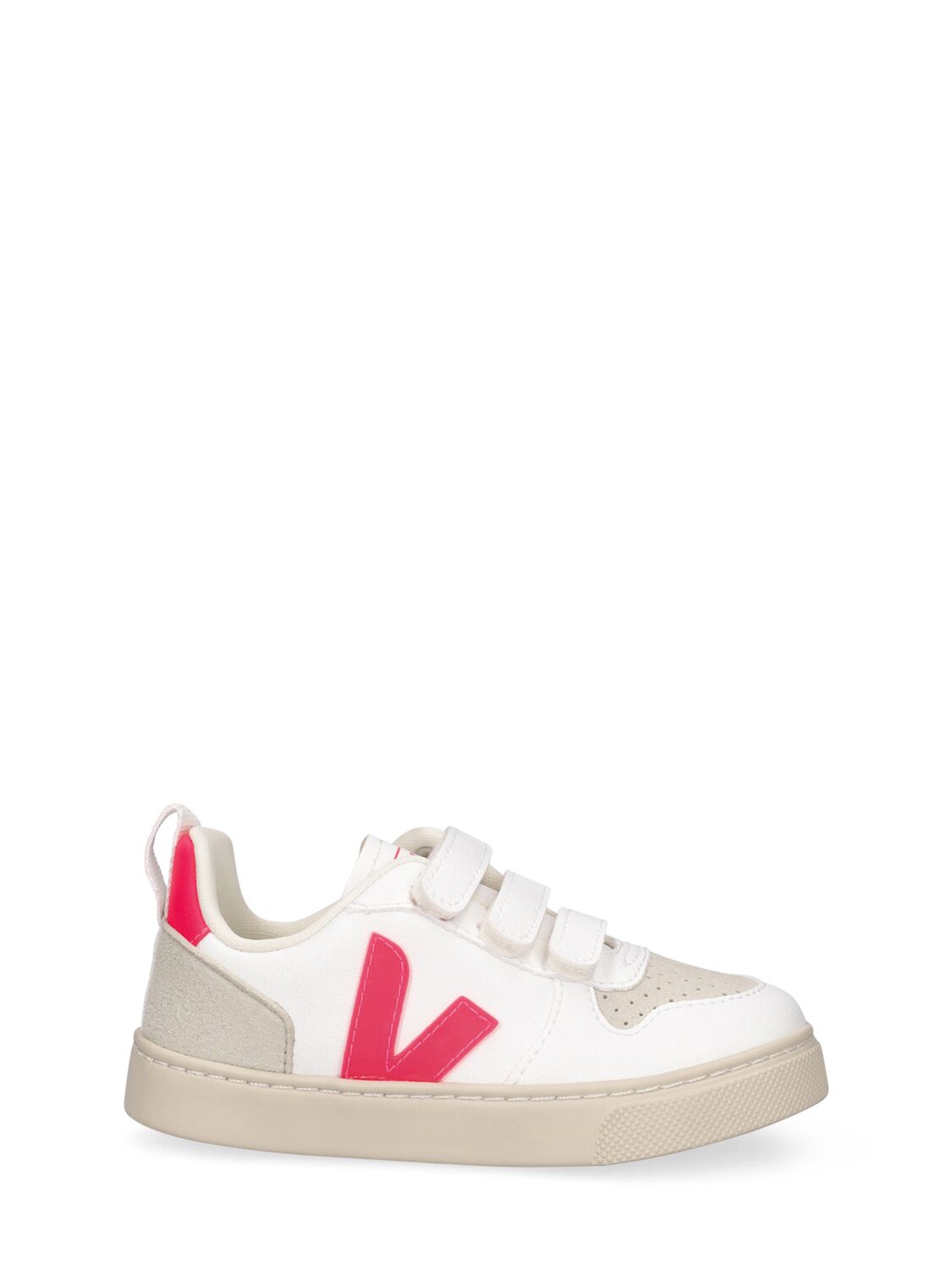 Veja Kids' V-10 Chrome-free Leather Strap Sneakers In White,neon Red