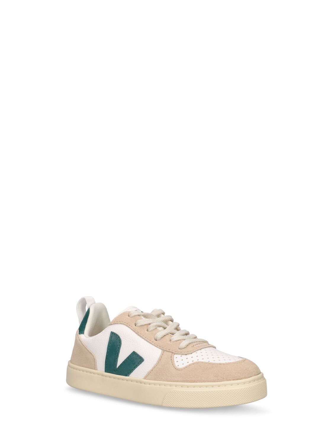 Shop Veja V-10 Chrome-free Leather Sneakers In White,green