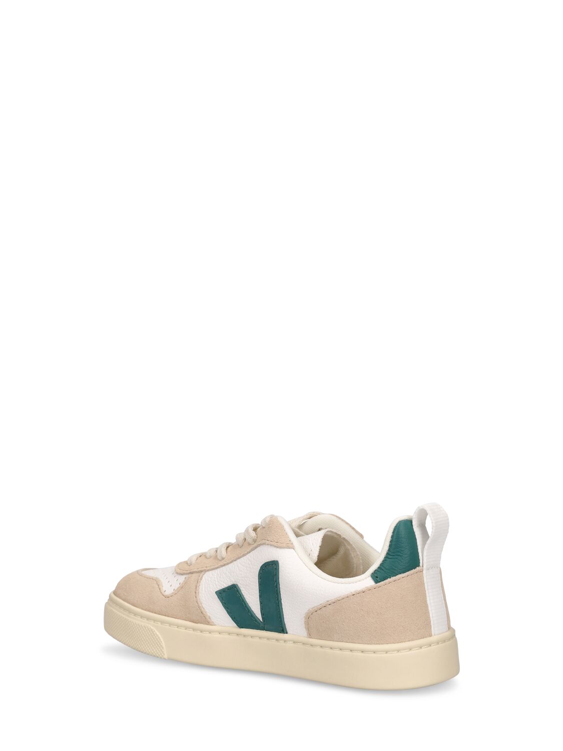 Shop Veja V-10 Chrome-free Leather Sneakers In White,green