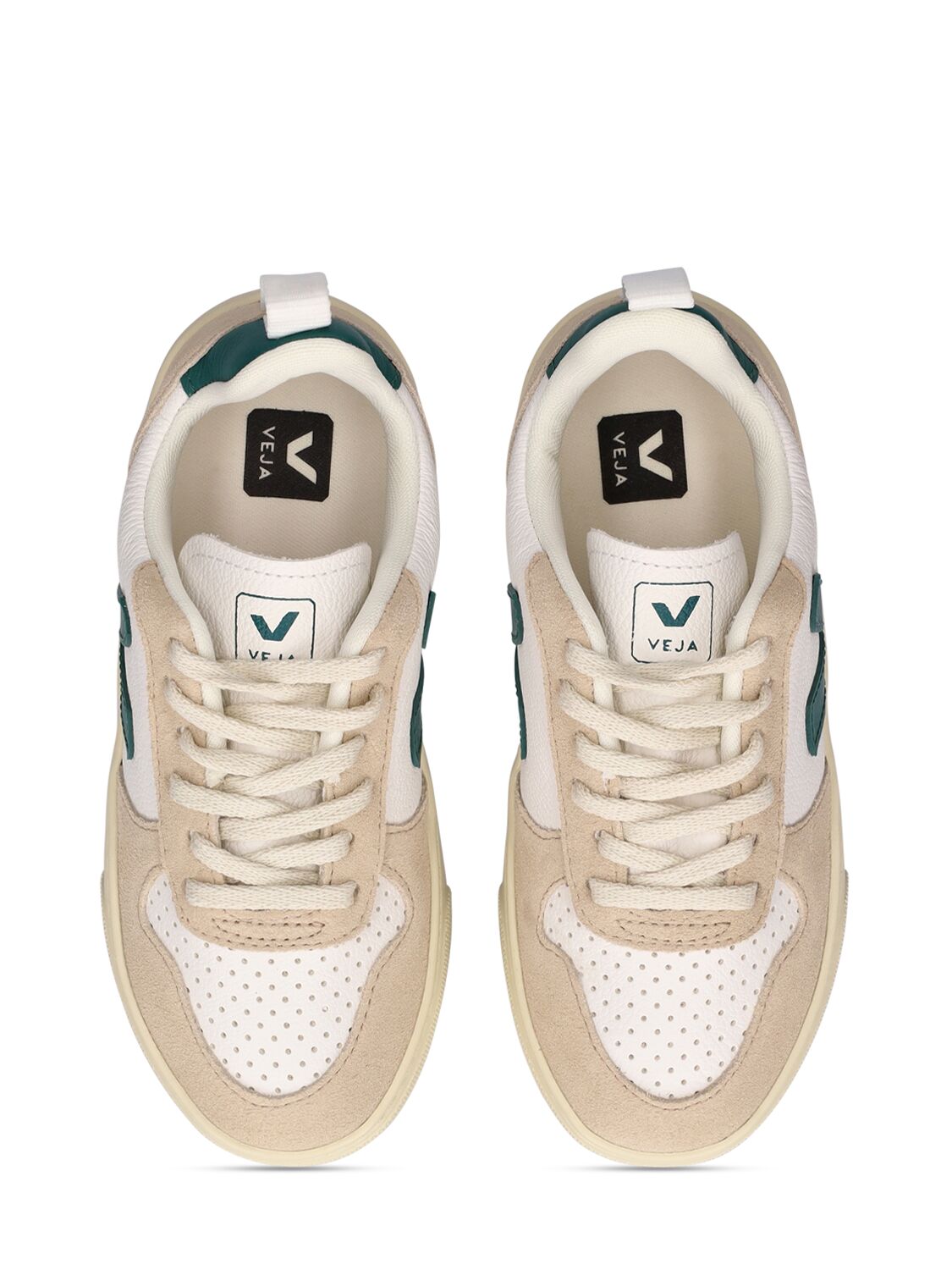 Shop Veja V-10 Chrome-free Leather Sneakers In White,green