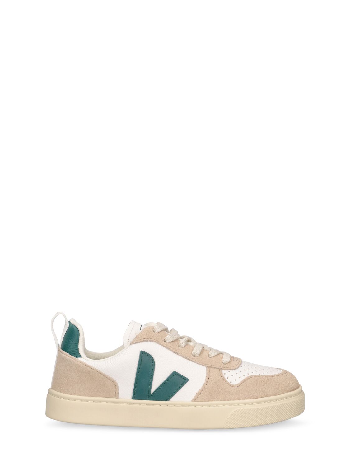 Veja Kids' V-10 Chrome-free Leather Trainers In White,green