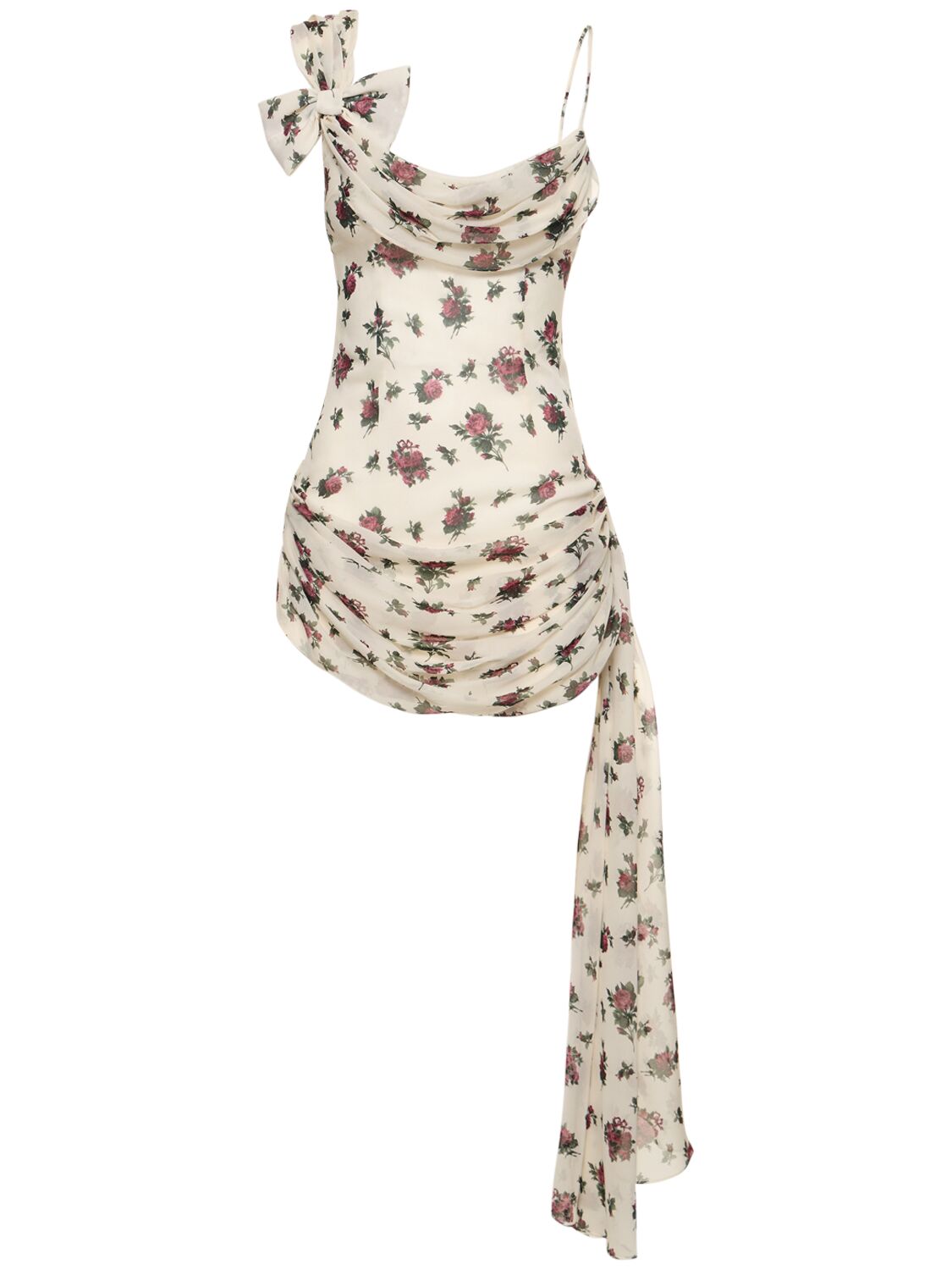 Alessandra Rich Print Draped Silk Twill Mini Dress W/bow In Multi,white