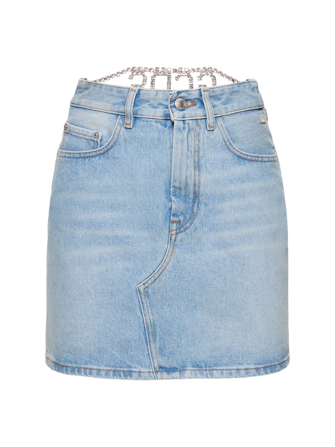 Gcds Cotton Denim Mini Skirt W/ Logo Detail In Blue