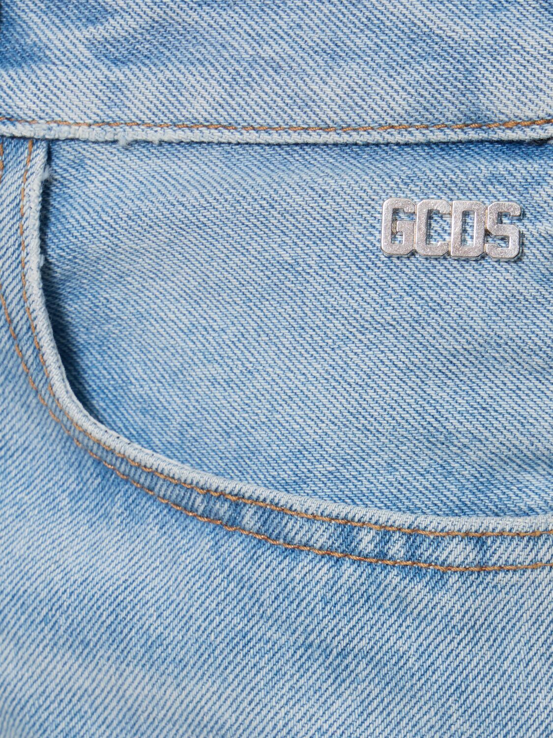 Shop Gcds Cotton Denim Mini Skirt W/ Logo Detail In Blue
