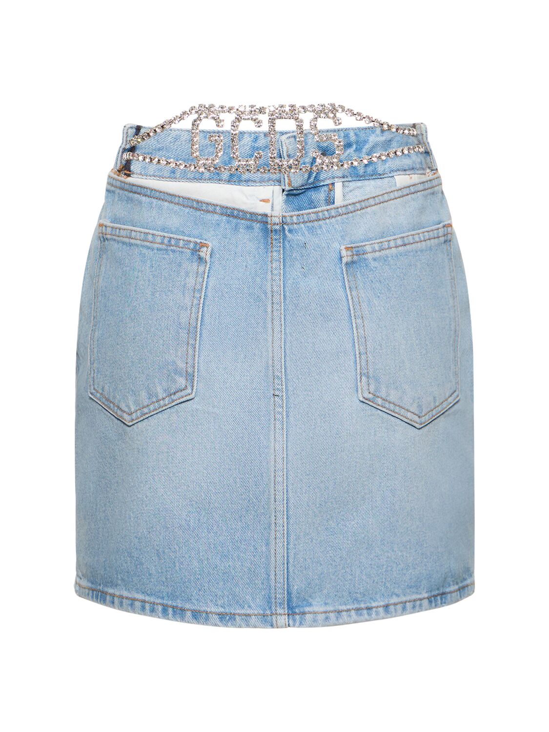 Shop Gcds Cotton Denim Mini Skirt W/ Logo Detail In Blue
