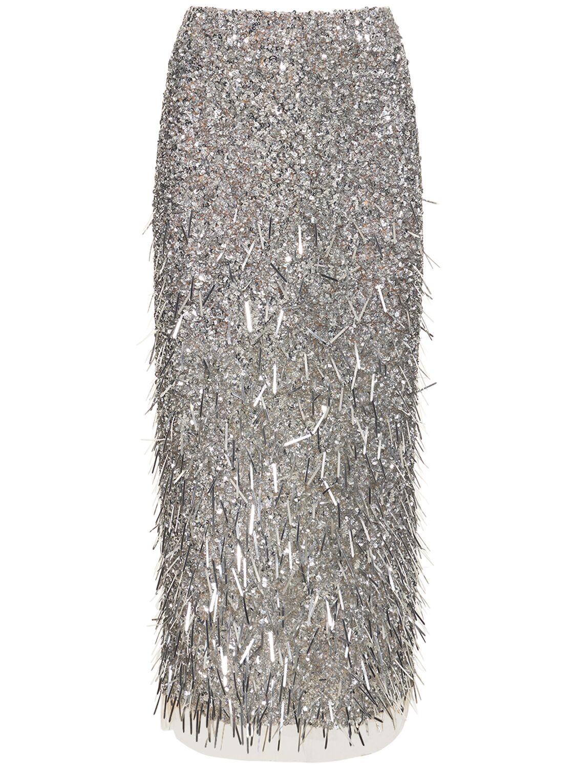Oscar De La Renta High Rise Lurex Midi Skirt W/fringe In Metallic