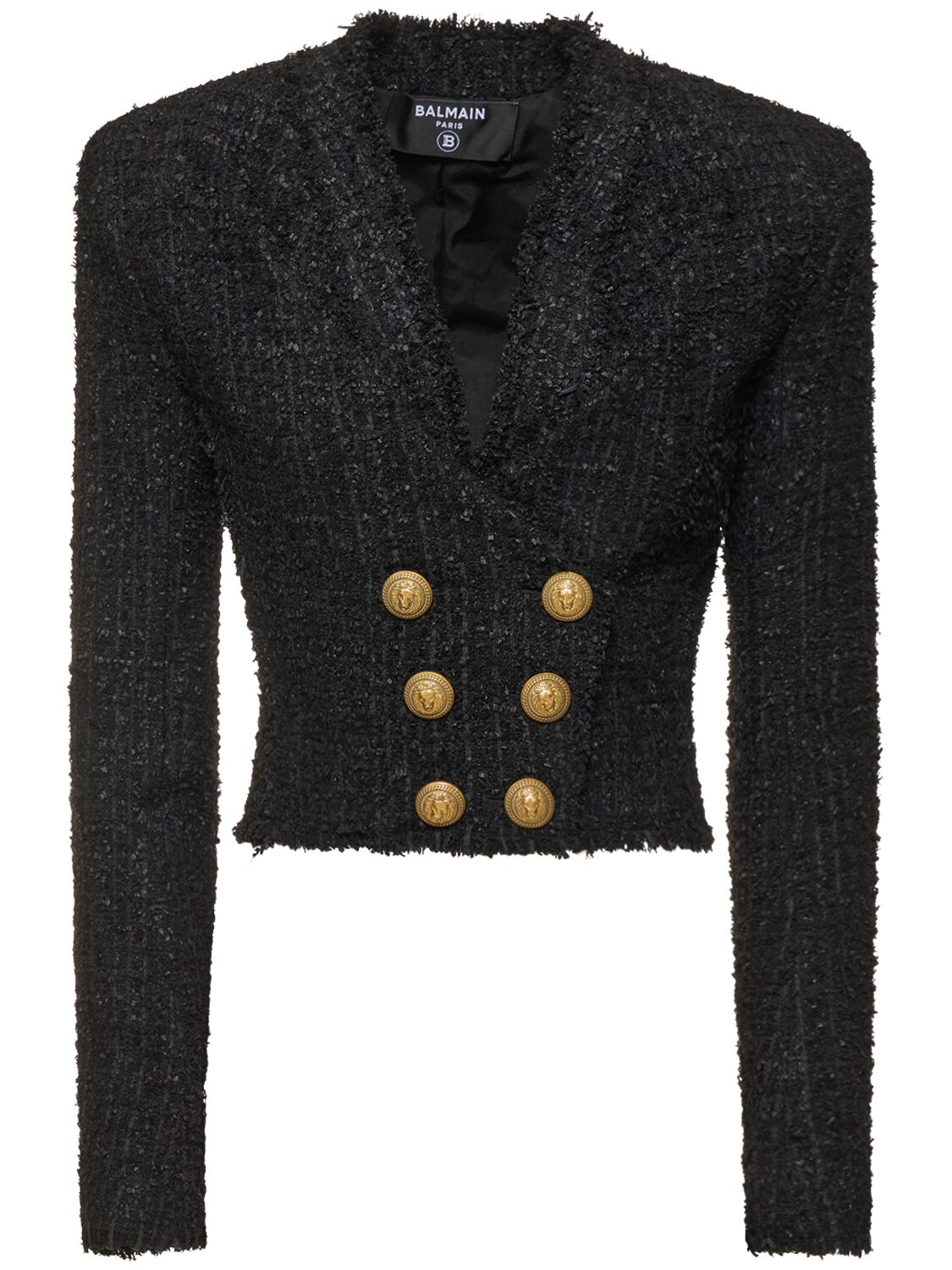 Balmain Double Breasted Tweed Crop Jacket In Black