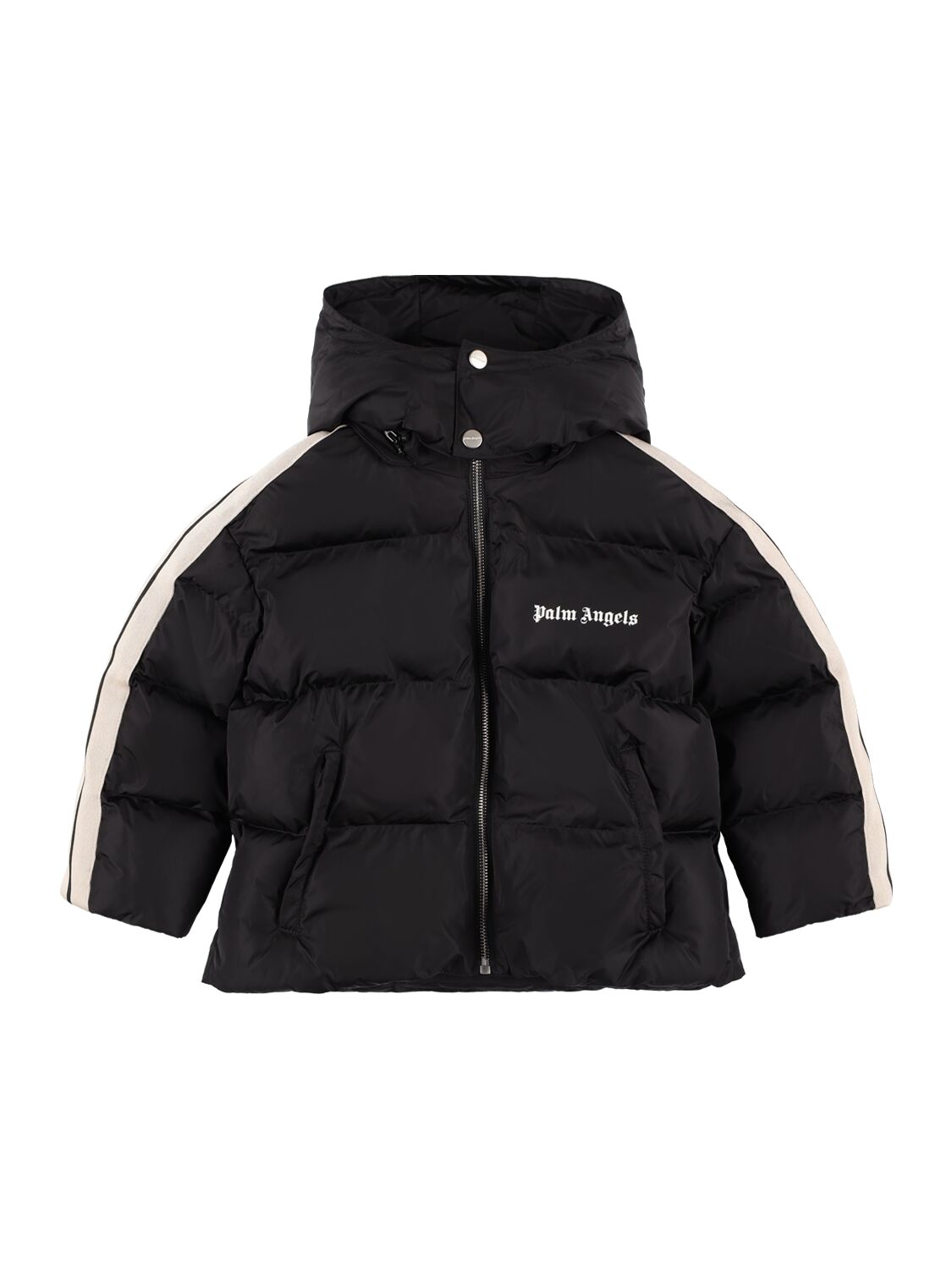 Palm Angels Kids' Logo Hooded Nylon Puffer Jacket In Black,white