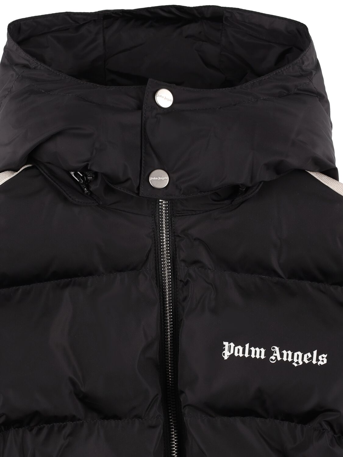 Shop Palm Angels Logo Hooded Nylon Puffer Jacket In Black,white