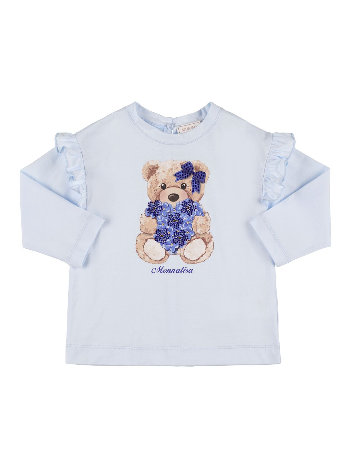 Monnalisa Kids' Teddy Bear-print Ruffled T-shirt In Light Blue