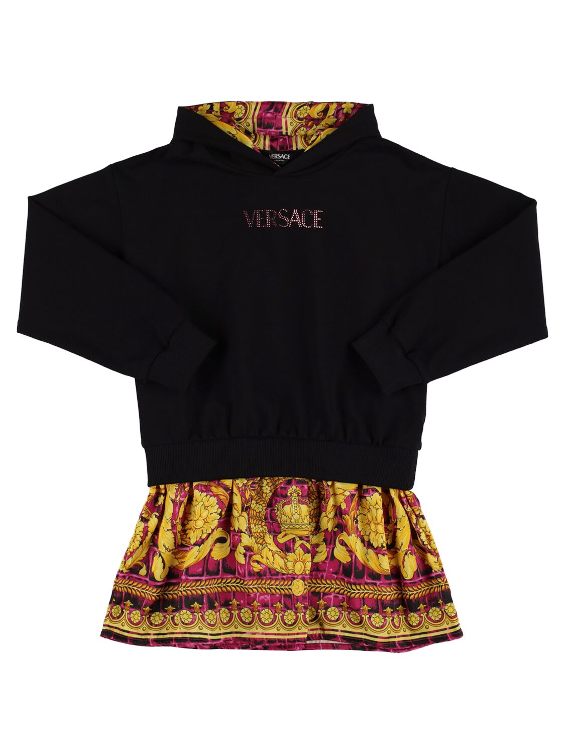Versace Kids' Hooded Cotton & Twill Dress W/logo In Black,multi