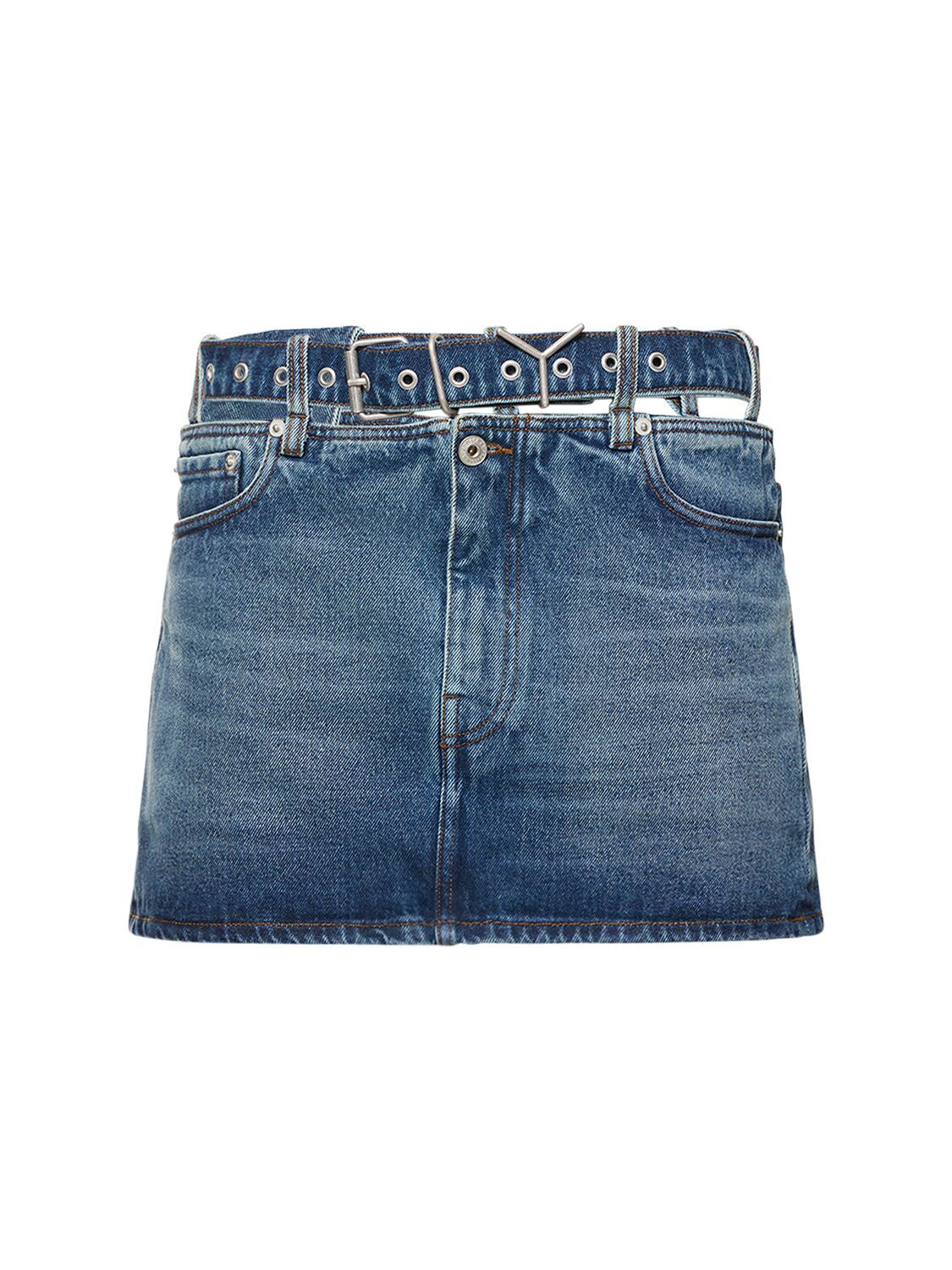 Shop Y/project Denim Mini Skirt W/ Logo Belt In Blue