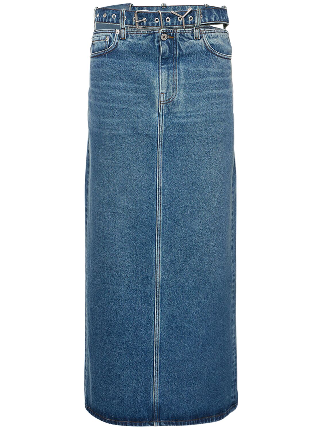 Y/project Denim Midi Skirt W/logo Belt In Blue