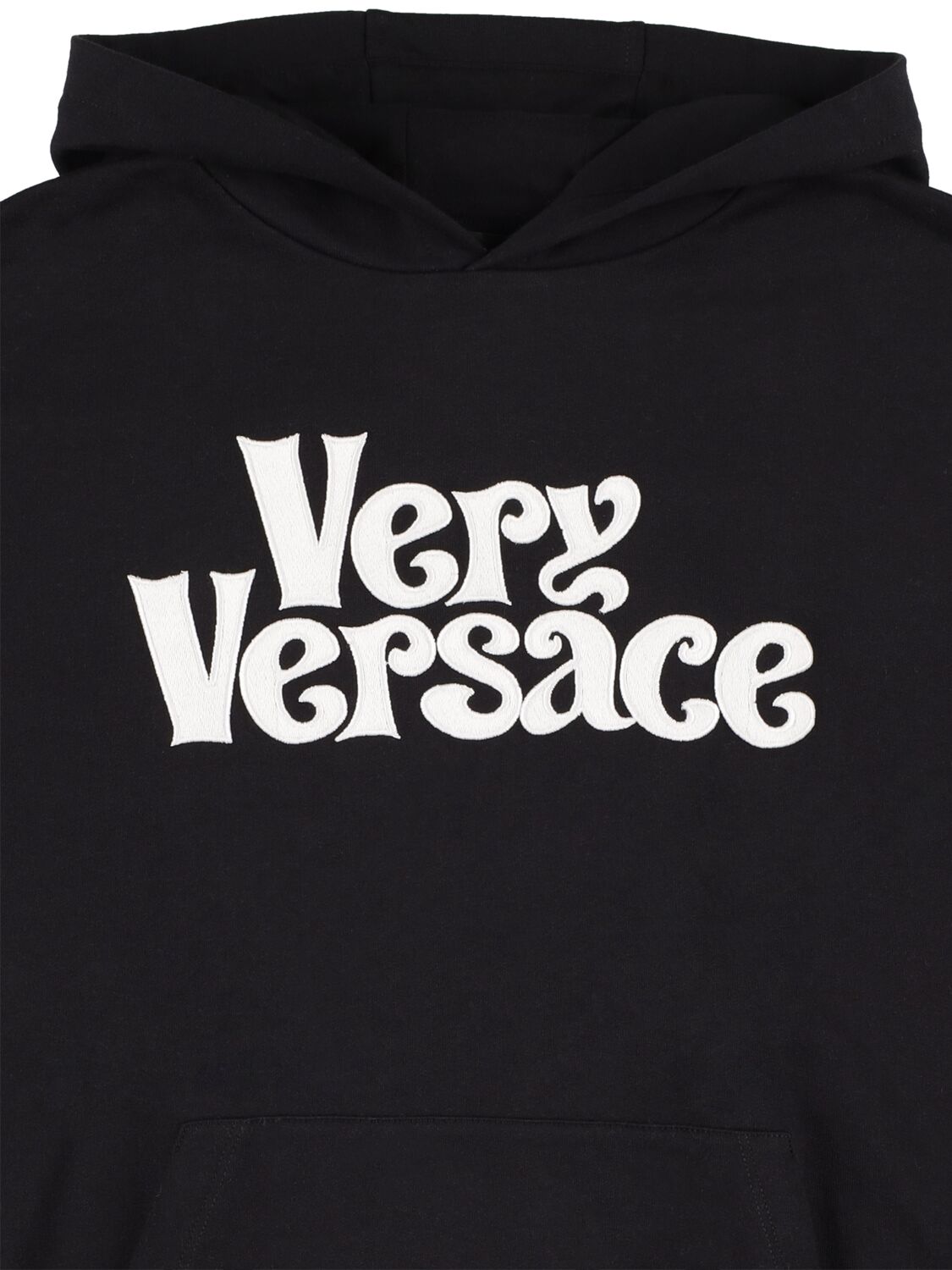 Shop Versace Embroidered Logo Cotton Hoodie In Black