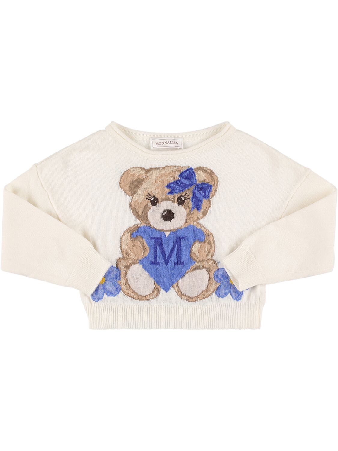 Monnalisa Kids' Viscose Blend Knit Sweater In Off White,blue