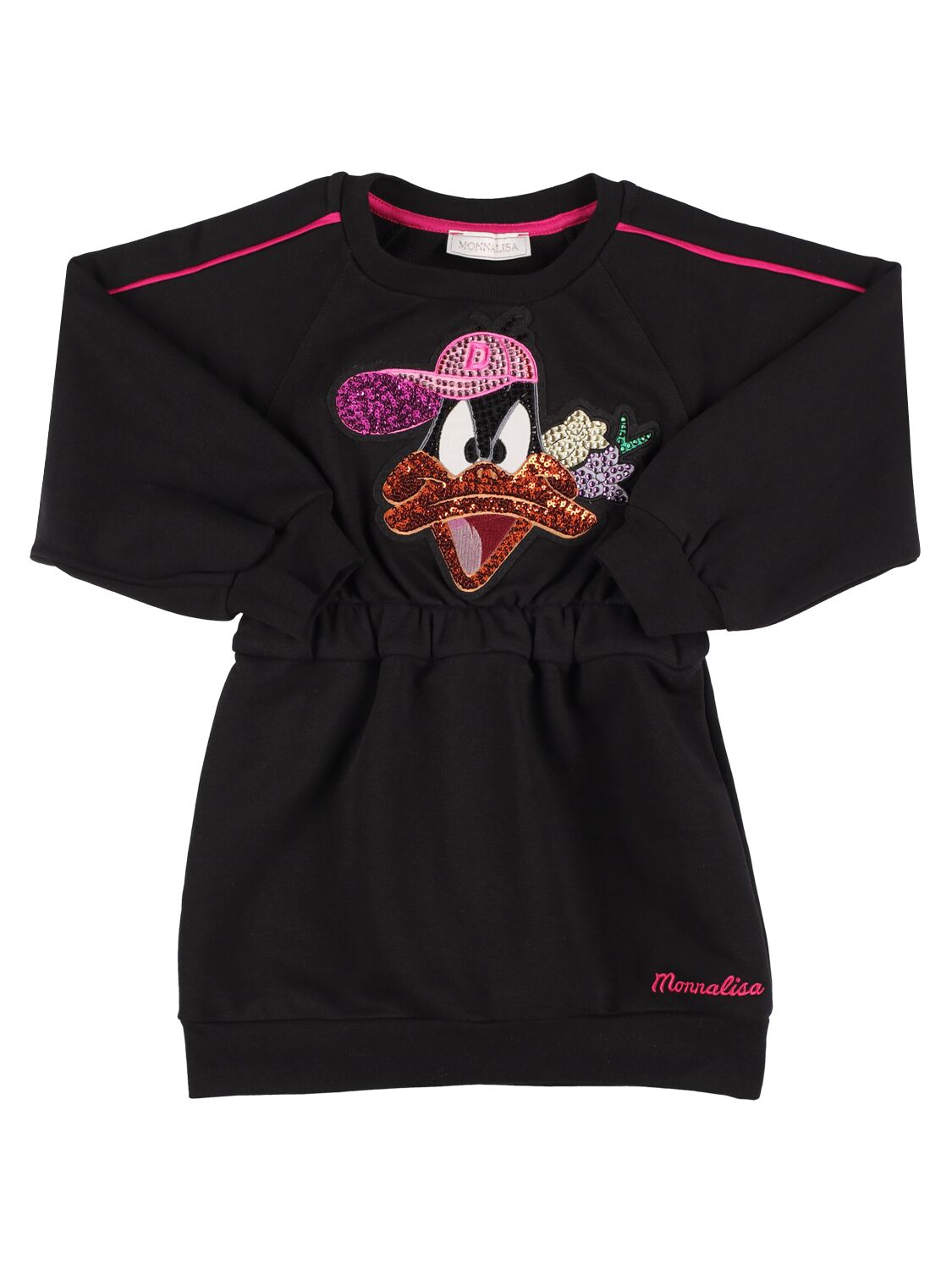 Monnalisa Kids' Cotton Sweat Dress W/ Duffy Duck Patch In Black