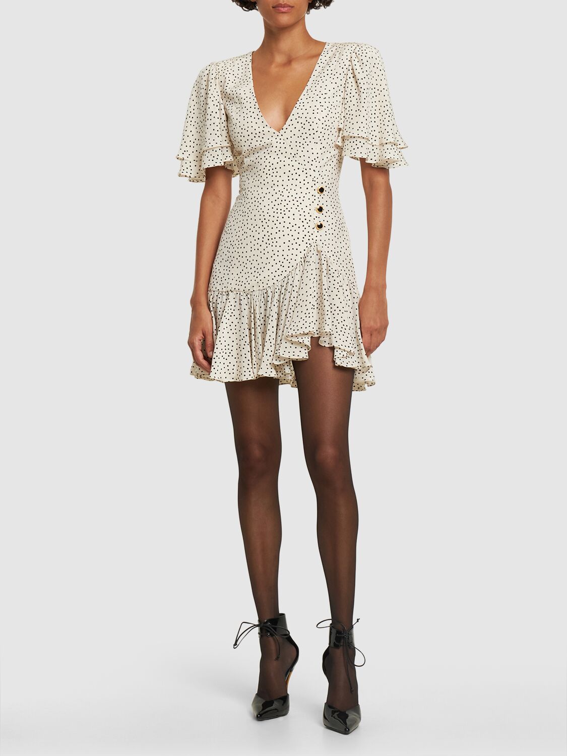 Printed Silk Ruffled Wrap Mini Dress