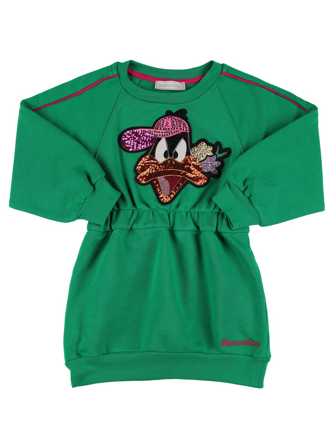 Monnalisa Kids' Cotton Sweat Dress W/ Duffy Duck Patch In Green