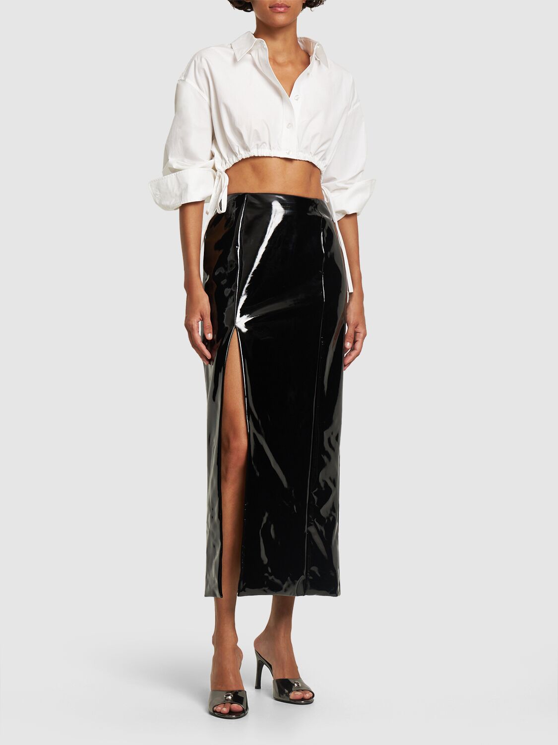 Parallel Lines straight column skirt with waist band slash and side split  in black