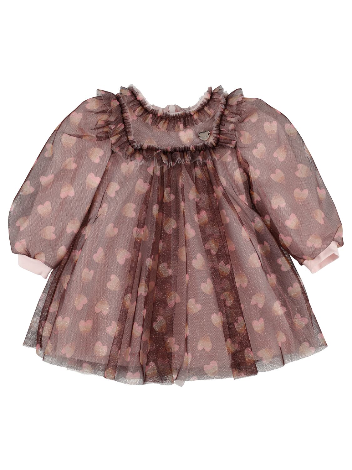 Monnalisa Kids' Heart Printed Glittered Tulle Dress In Brown