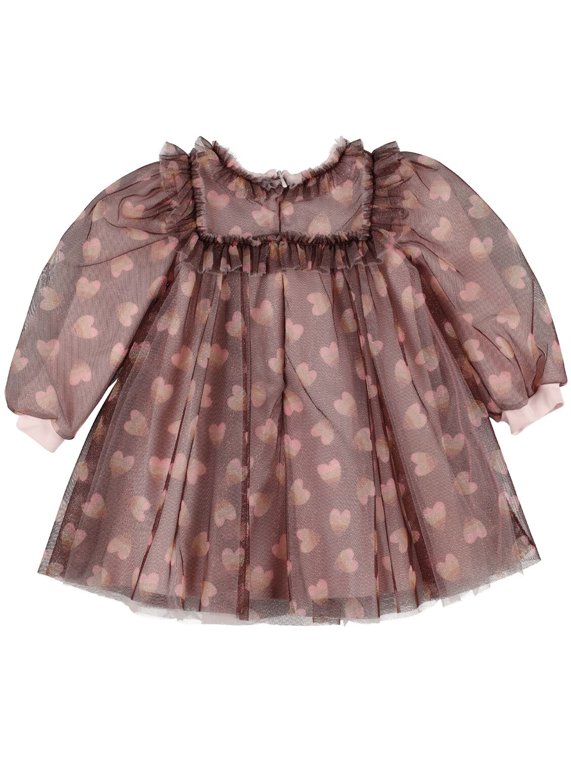 Shop Monnalisa Heart Printed Glittered Tulle Dress In Brown