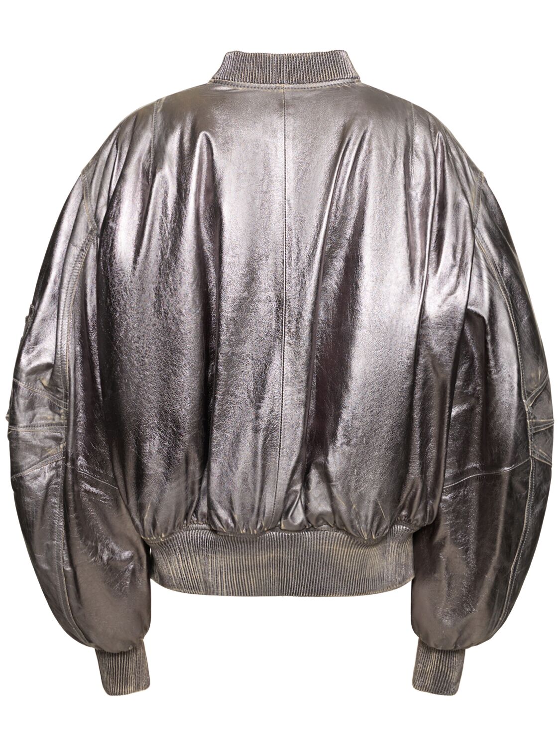 Shop Attico Destroyed Mirror Leather Bomber Jacket In 실버
