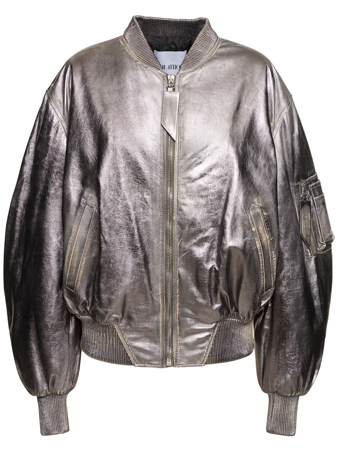 Shop Attico Destroyed Mirror Leather Bomber Jacket In 실버