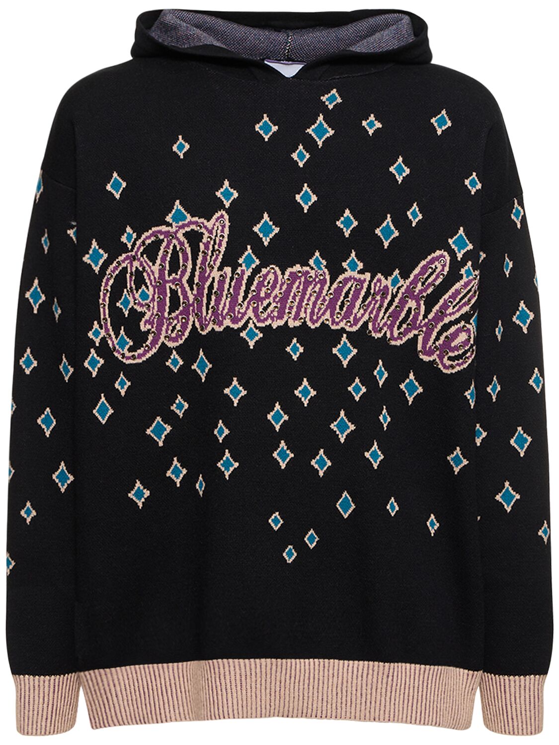 Shop Bluemarble Jacquard Rhinestones Hooded Jumper In Black