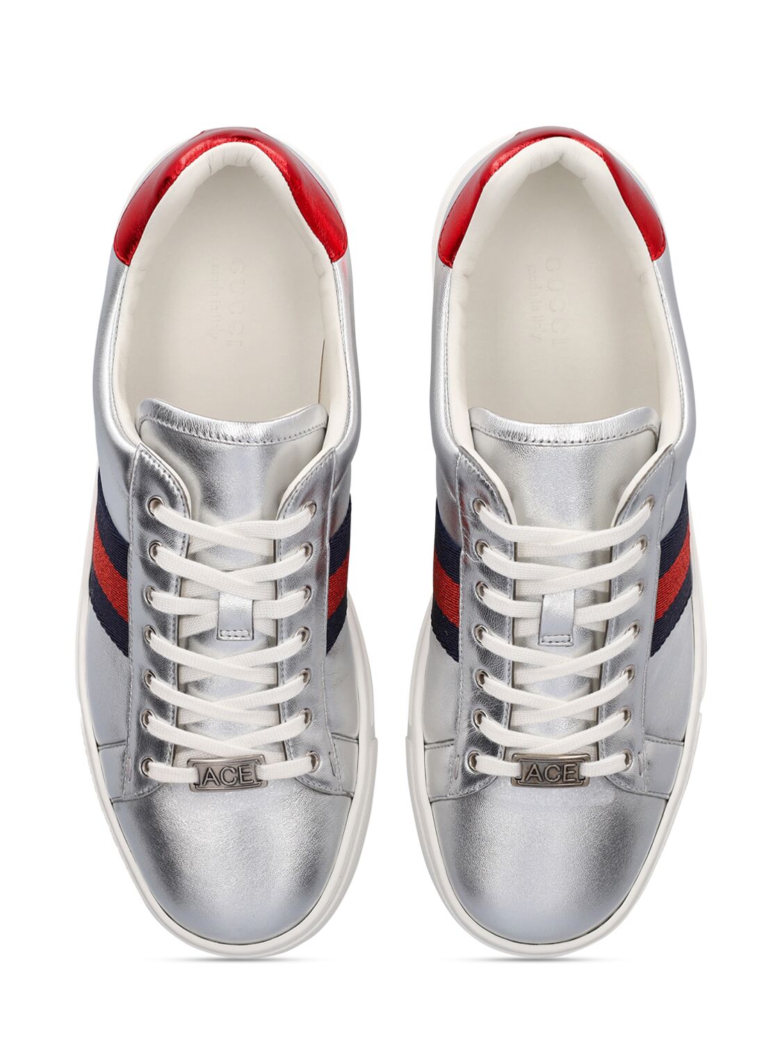 Shop Gucci 30mm Ace Tech & Leather Sneakers W/web In Silver,red