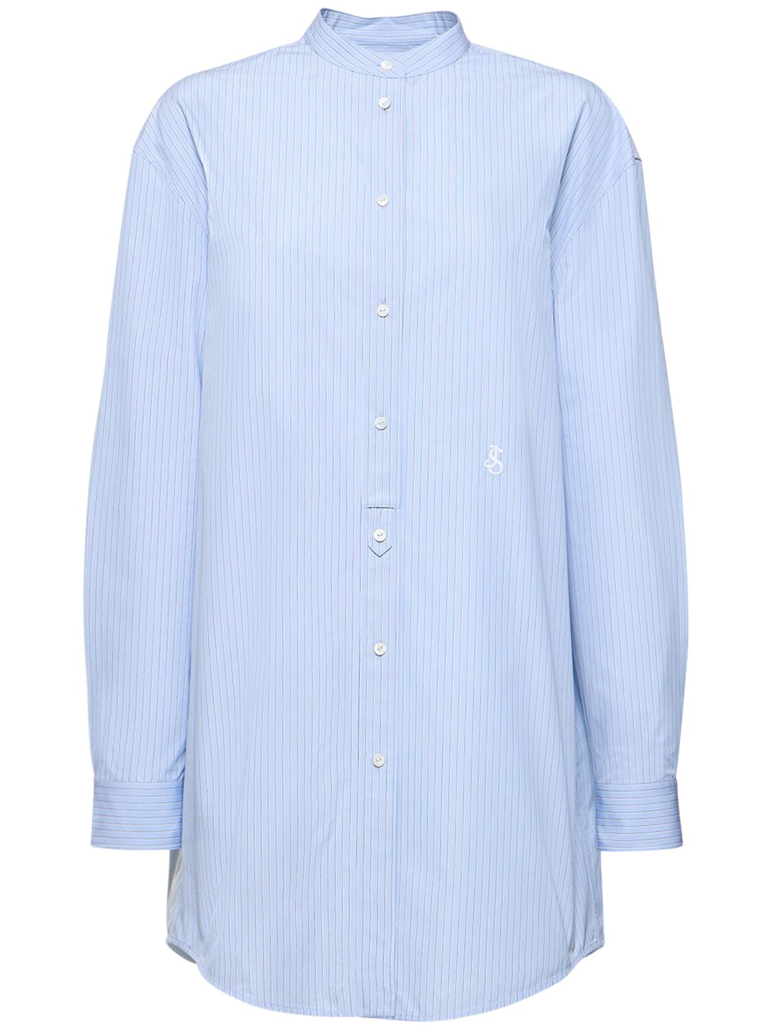 Shop Jil Sander Collarless Striped Cotton Poplin Shirt In Light Blue