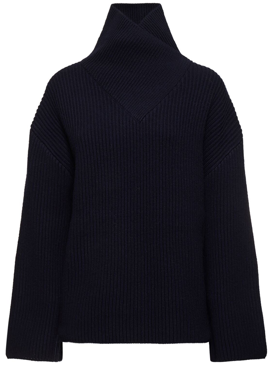 Shop Totême Wrap Neck Rib Knit Wool Sweater In Navy