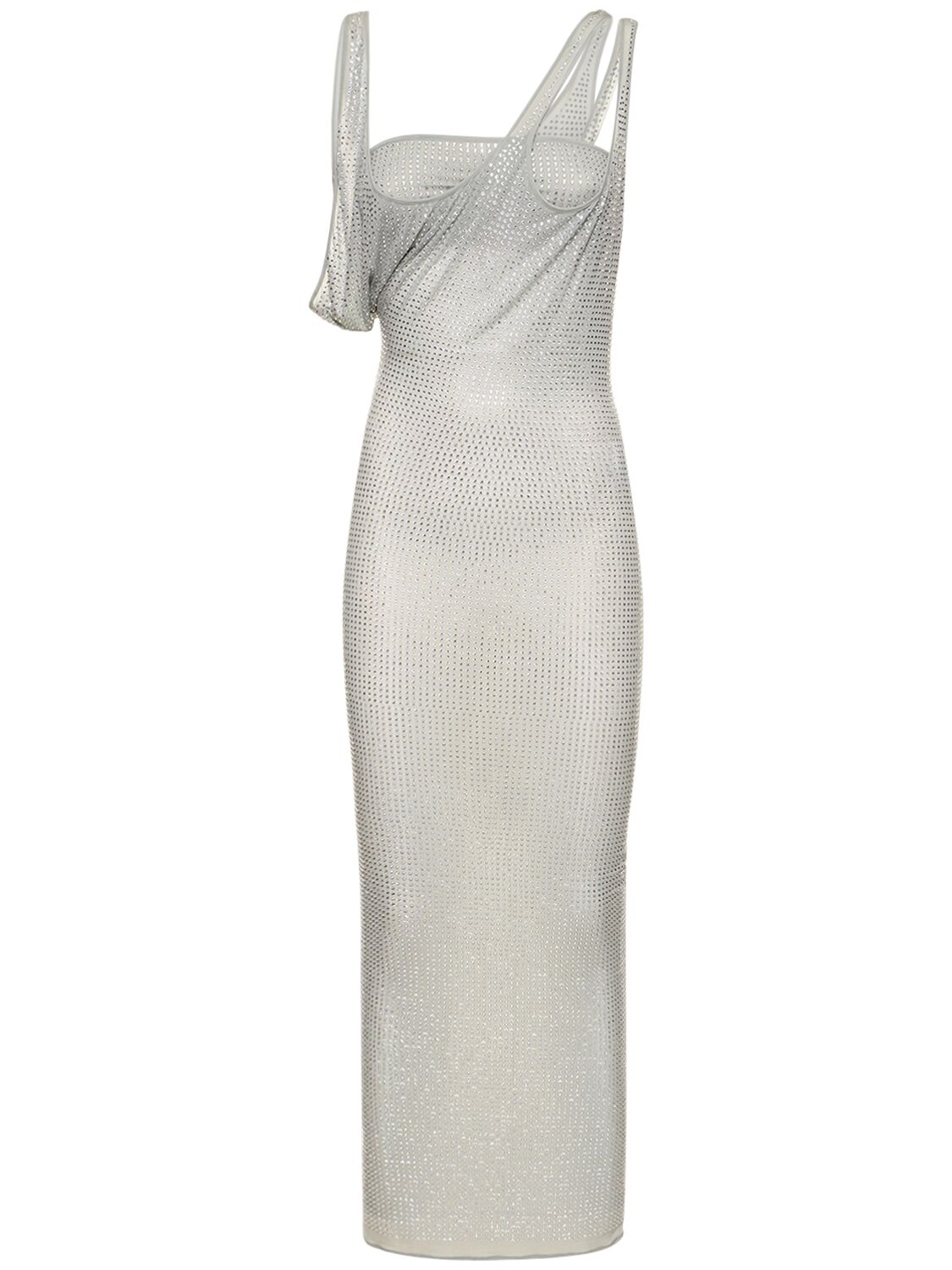 Sheer Jersey Midi Dress W/ Crystals – WOMEN > CLOTHING > DRESSES