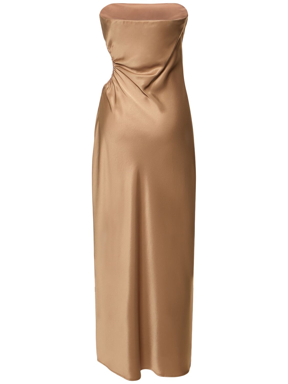 Shop Reformation Nevaeh Satin Midi Dress W/ Cutout In Brown