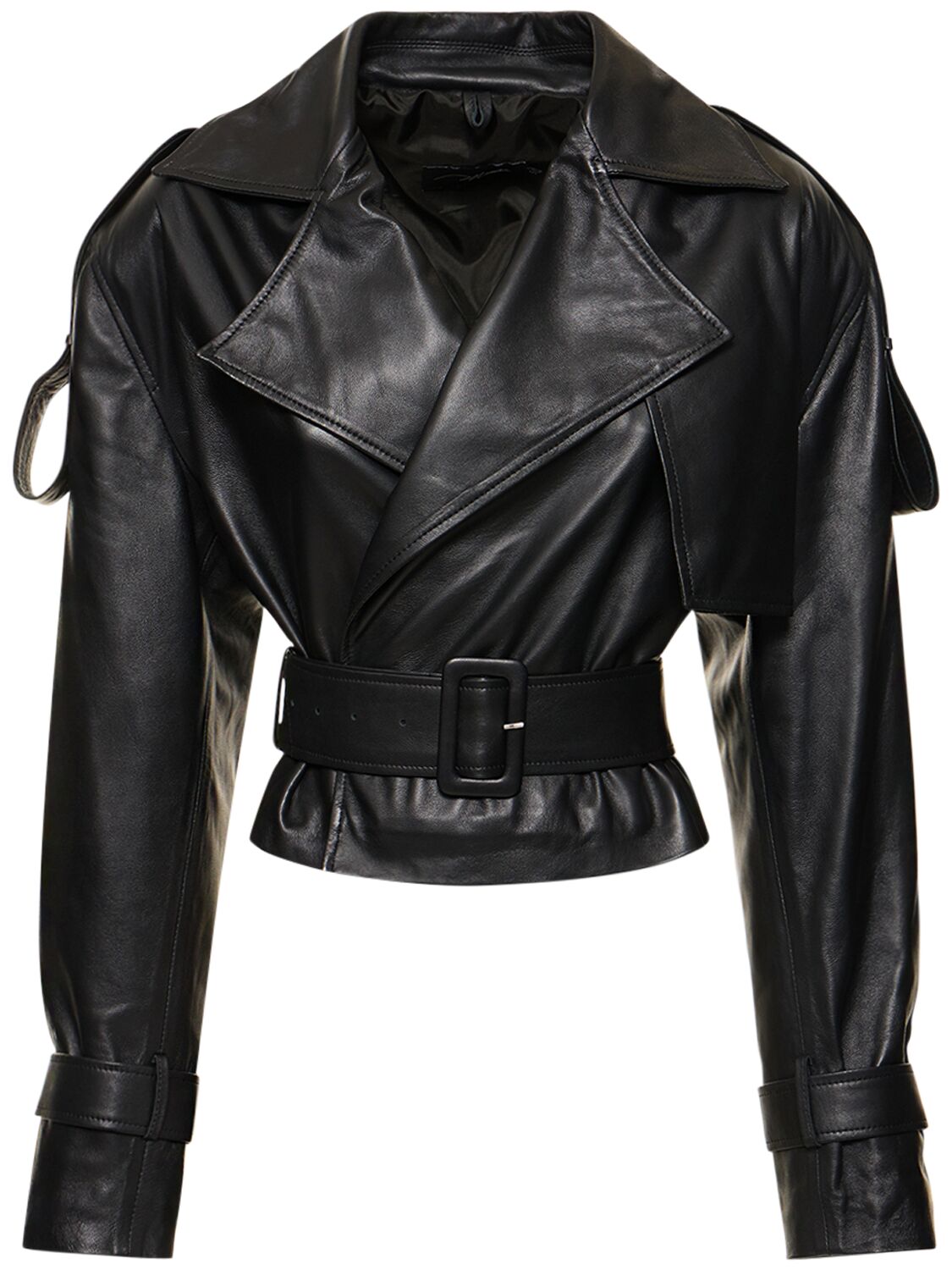 Manokhi Hana Belted Leather Cropped Jacket In Black