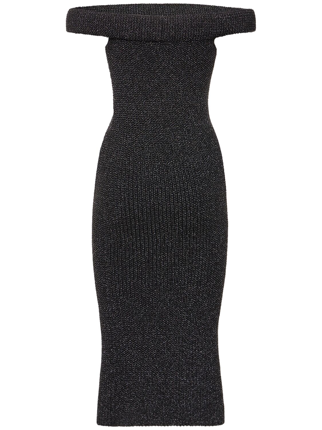 Shop Totême Off-shoulder Roll Knit Midi Dress In Black