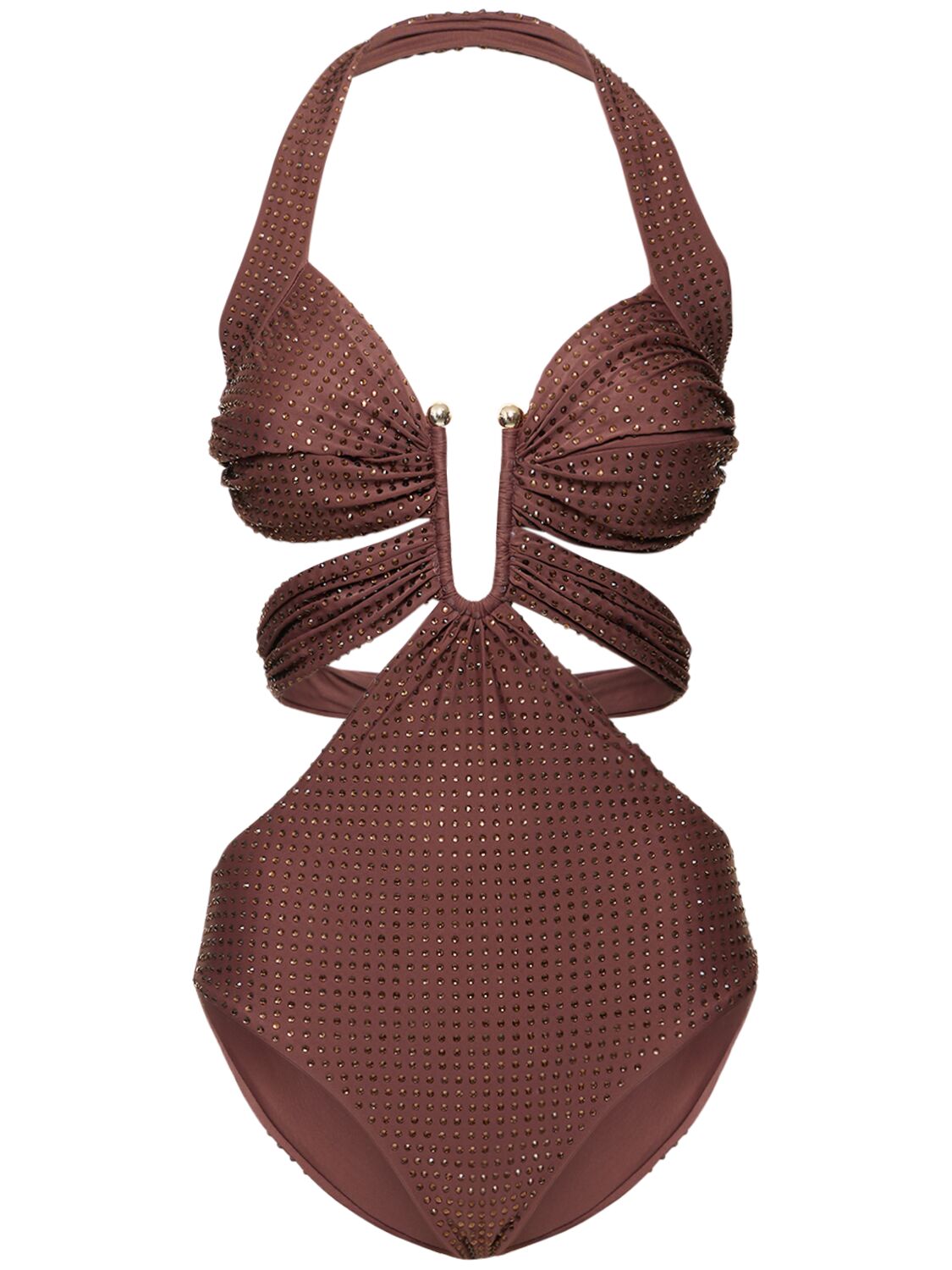 Self-portrait Embellished Cutout One Piece Swimsuit In Brown