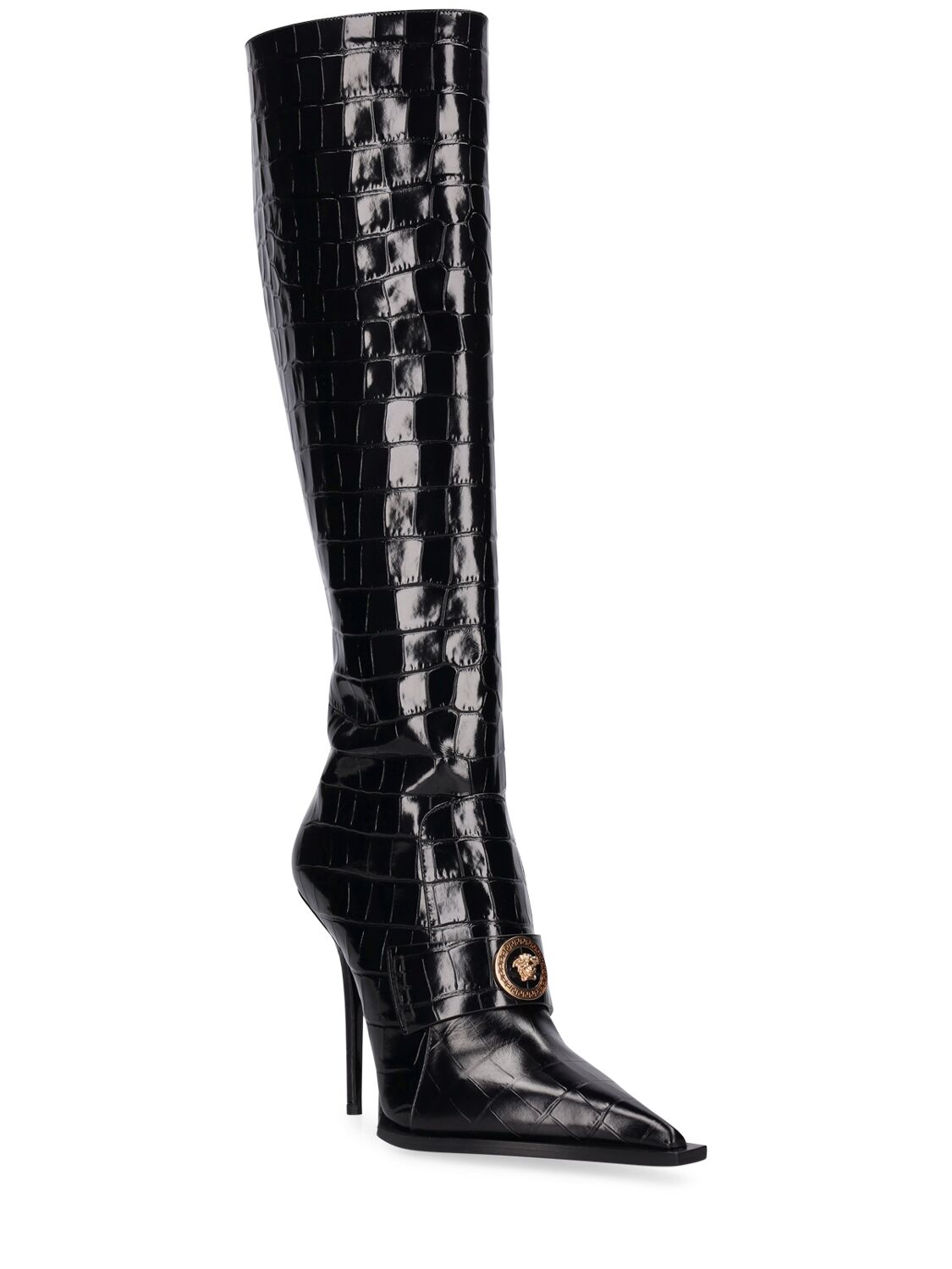 Shop Versace 110mm Croc Embossed Leather Boots In Black