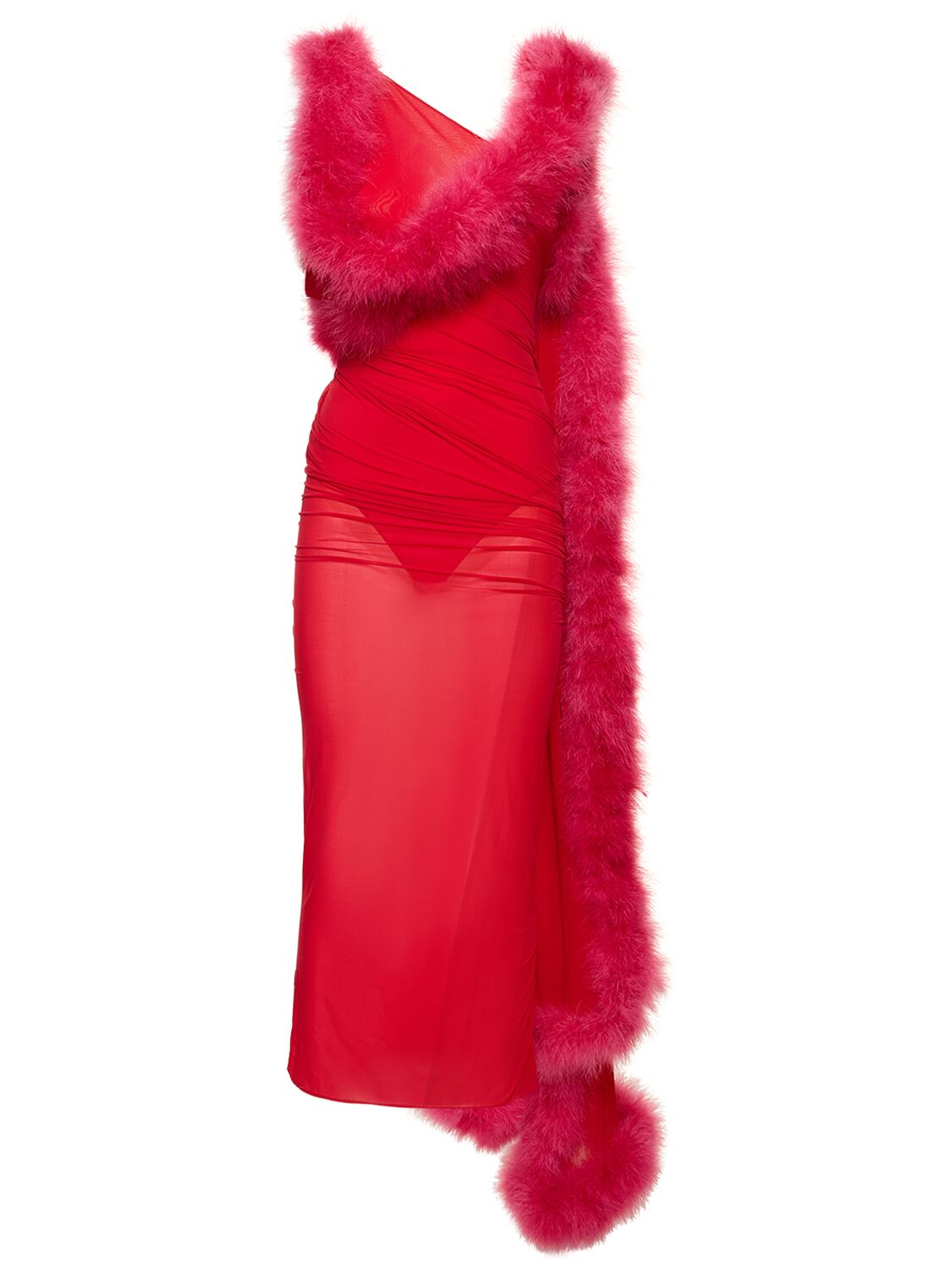 Sheer Jersey Midi Dress W/ Feather Trim – WOMEN > CLOTHING > DRESSES