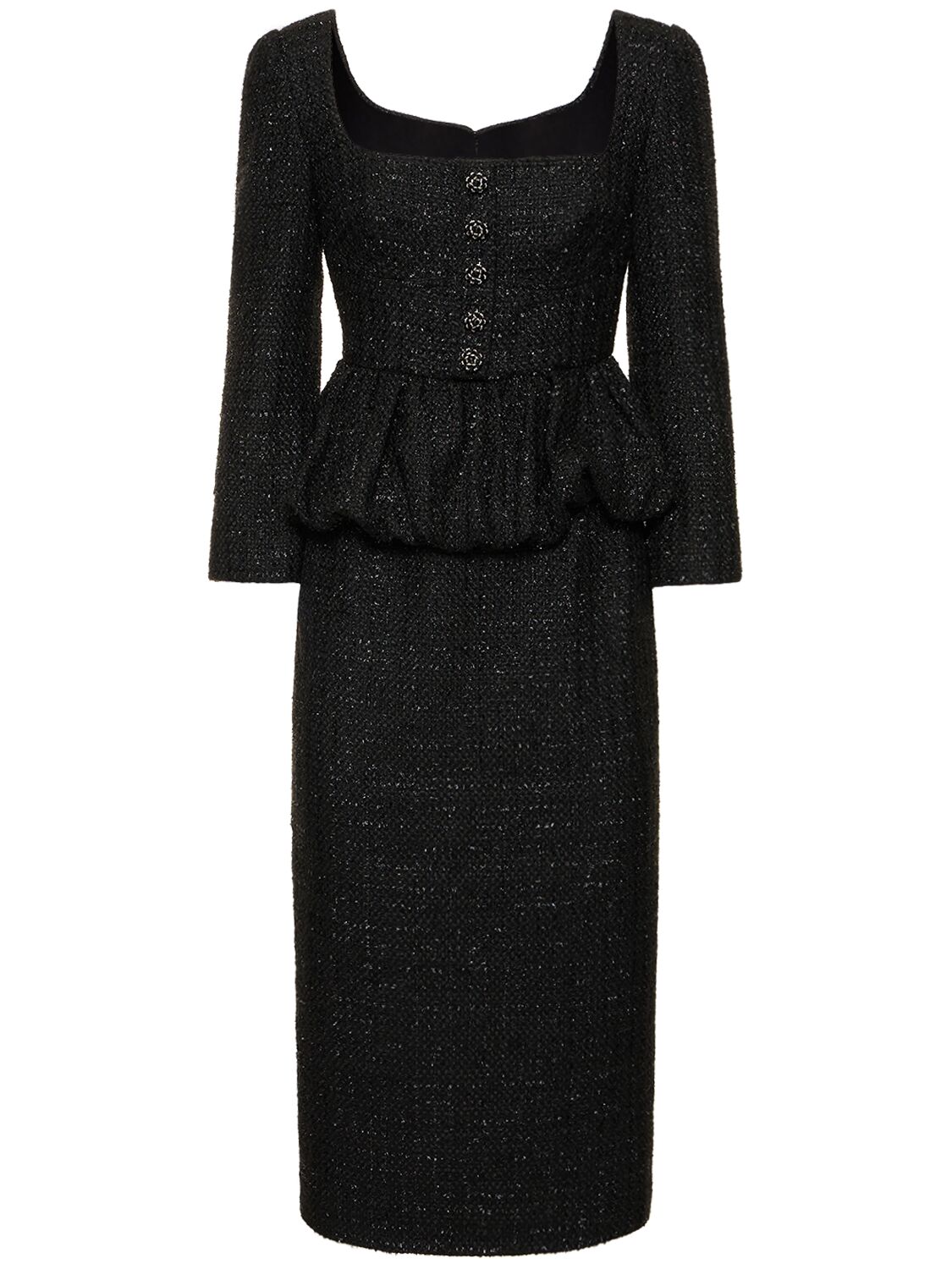 Shop Self-portrait Bouclé Peplum Midi Dress In Black